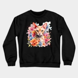 A devon rex cat decorated with beautiful watercolor flowers Crewneck Sweatshirt